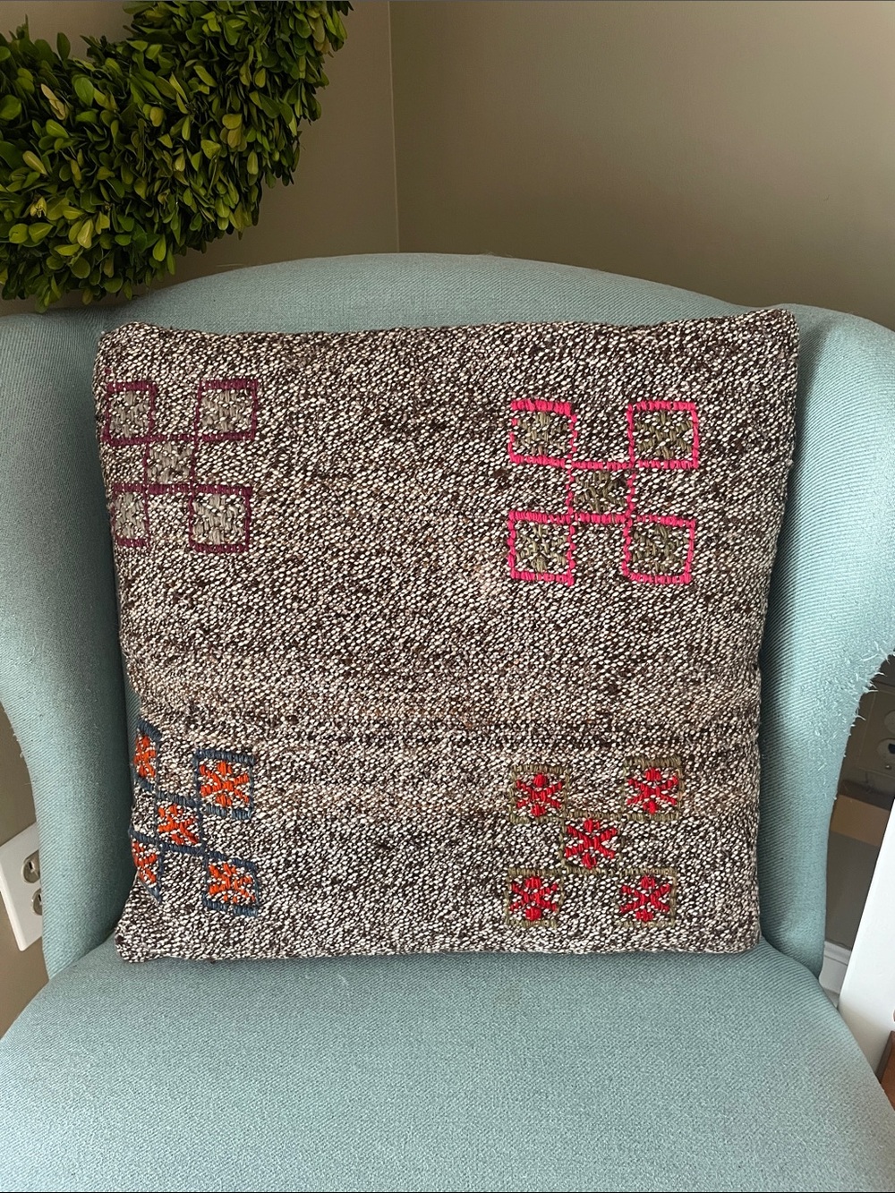 Gray - taupe Textured Decorative Pillow with Multicolor Embroidered Accents